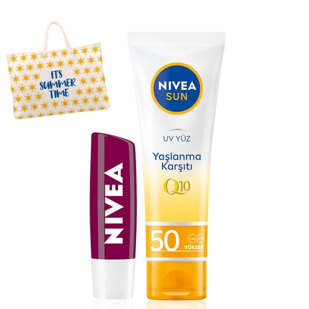 NIVEA SUN Q10 Yaşlanma Karşıtı Güneş Koruyucu Yüz Kremi 50ml ve Böğürtlen Dudak Bakım Kremi, Çanta Hediye