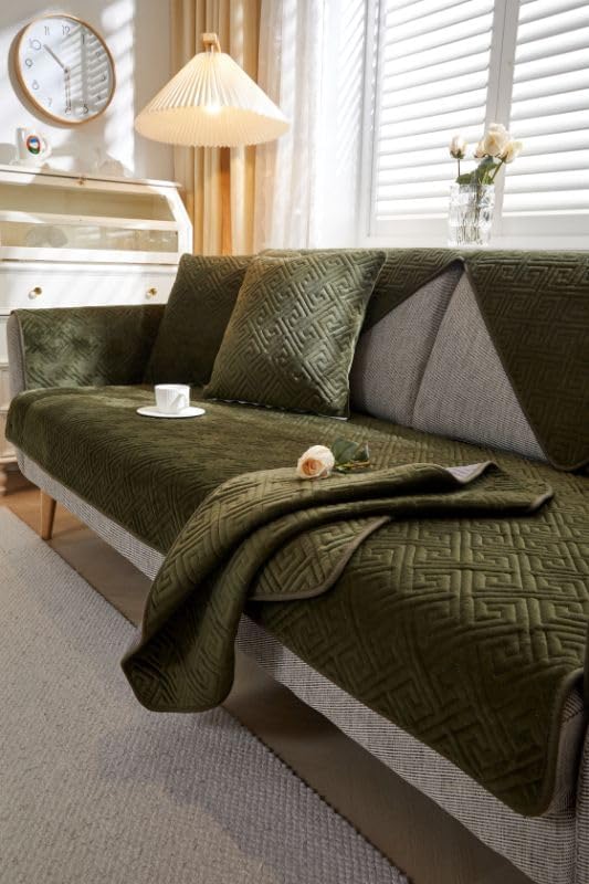 Image of HOMETHREADS Innovative Premium Velvet Sofa Cover Mat with PVC Backing for Non-Slip Comfort | (Olive Vrsh, 1 Seater Large| 70x90cm)