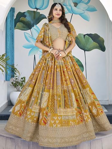 Image of Women's Digital Print With Zari Dori Embroidery Work Chinnon Silk Lehenga Choli With Dupatta (Women-Lehenga-Choli-New; Free size)
