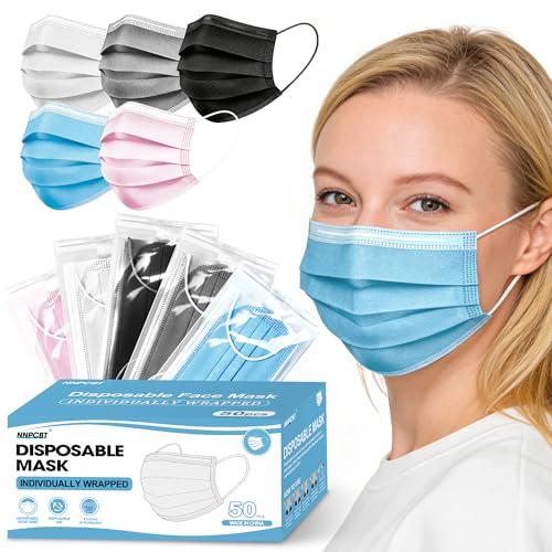 Image of NNPCBT 5 Color Disposable Face Masks 50pcs, Individually Wrapped Masks for Adults, 3-Ply Breathable Disposable Mask For Outdoors, Home, Office, School