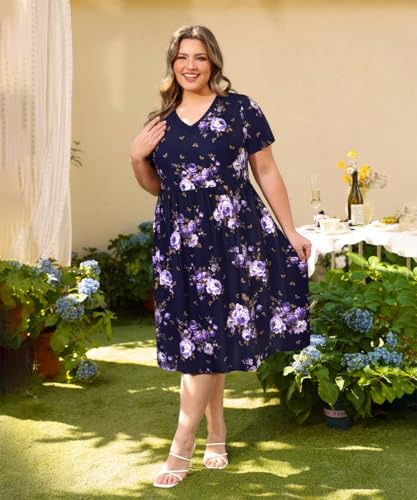 Image of RITERA Plus Size Dresses for Curvy Women Summer Spring Womens Dress V Neck Short Sleeve Casual Dress with Pockets XL-5XL