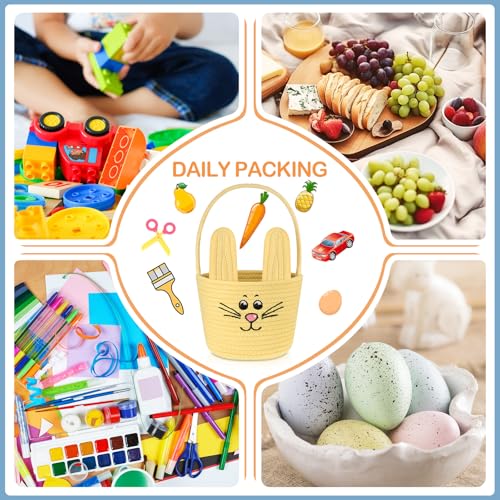 Image of Teenyyou Woven Easter Baskets Woven Bunny Baskets with Handles Eggs Hunt Bucket Rabbit Cotton Rope Basket Baby's First Easter Basket Gift for Toddler Boys Girls(Macaron Yellow)