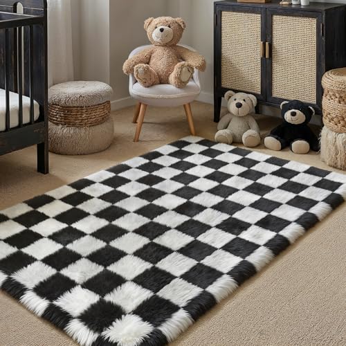 HUGEAR Kariert Flauschig Teppich Wohnzimmer 120x180cm Schwarz Weiß Shaggy Carpet – Ansicht 4