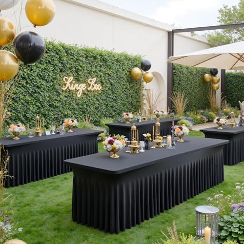 Image of Black Spandex Tablecloth for 6 Foot Rectangle Tables, 3 Pack Fitted Table Cloths 6ft Stretchy Table Clothes Cover Desk Skirt for Parties Weddings Birthday Graduation Banquet