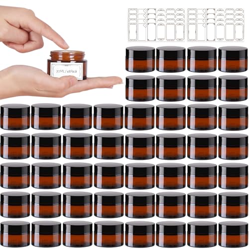 AuroTrends 1 oz Glass Jars with Lids 48Pack- Mini Amber Glass Jar/Cosmetic Containers with UV Protection,Travel Labels (30ml, Set of 48)