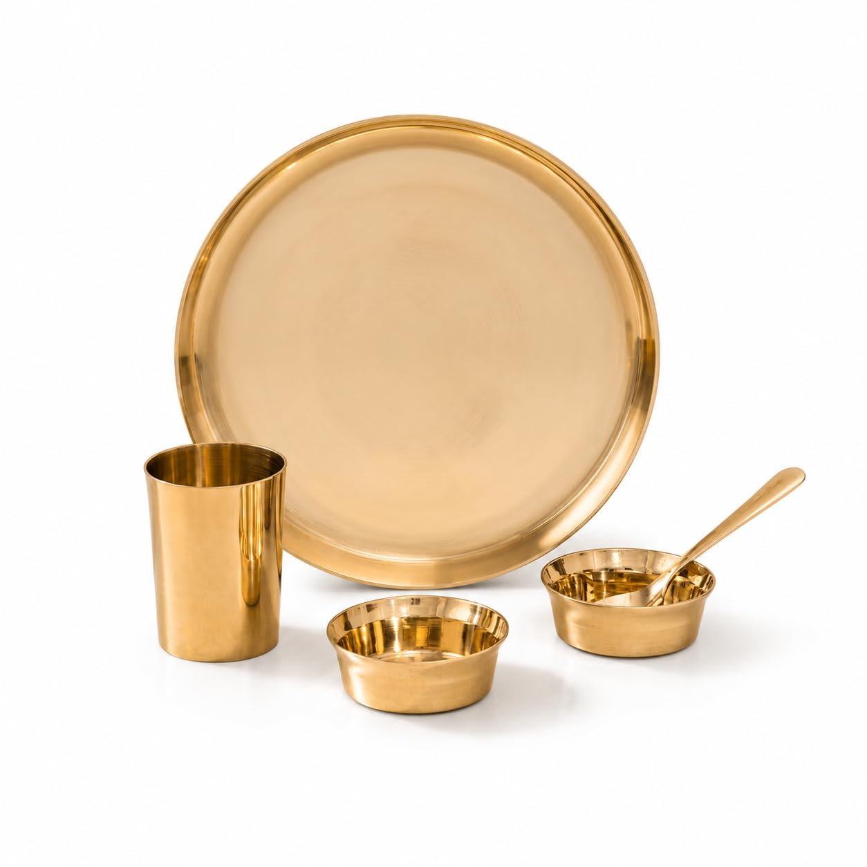 P•TAL Kansa Solid Brass Dinner Thali Set – 5 Pieces (1 Thali, 2 Bowls, 1 Glass, 1 Spoon) | Pure Bronze Kansa Dinnerware | Gold | Ideal for Rakhi & Raksha Bandhan Gifting