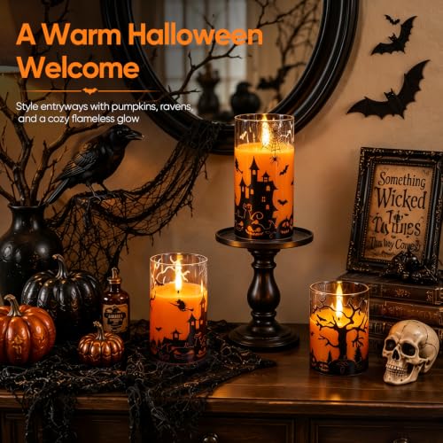 Image of Homemory Halloween Flameless Candles, Glass Shell, Remote Timer, Set of 3