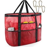 SRISE Mesh Beach Bag - Large Beach Tote Bag for Family Beach Bag for Toys & Vacation Essentials - Red