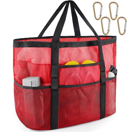 SRISE Mesh Beach Bag - Large Beach Tote Bag for Family Beach Bag for Toys & Vacation Essentials - Red