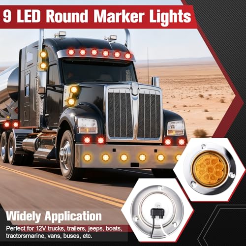 Image of 10PC 2 Inch 9 LED Side Marker Lights with Stainless Steel (Red+Amber)