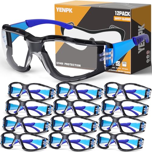 YENPK 12 Pack Safety Glasses for Men and Women, Anti-Fog UV Protection, Clear Lens Eye Protection Glasses Impact Resistant— ANSI Z87.1 Certified Wrap Around Protective Eyewear with Foam Gasket