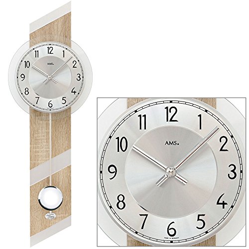 Preisvergleich Produktbild AMS 7415 Wanduhr Quarz mit Pendel Holzgehäuse Mineralglas