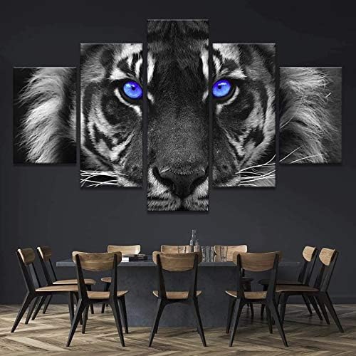 JESC 5pcs Blue Eyes Tiger Canvas Wall Art Painting Modern Home Decor Wall Art Print Painting Handmade Solid Wood Inner Frame Lightweight and Easy to Put Up (W) 60‘’x32'' (H)