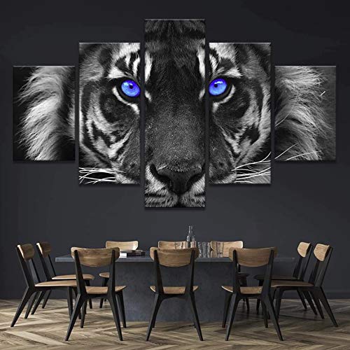 Jesc 5Pcs Blue Eyes Tiger Canvas Wall Art Painting Modern Home Decor Wall Art Print Painting Handmade Solid Wood Inner Frame Lightweight And Easy To Put Up (W) 60‘’X32'' (H) #TOP28