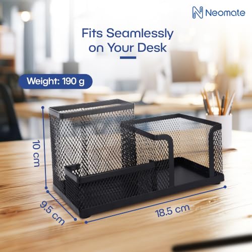 Image of Neomate Metal Mesh Desk Organizer Pen Stand with 3 Compartments - Keeps Pens, Scissors and Stationery Tidy for Office, Study Table and WFH Desk Setup (Black color)