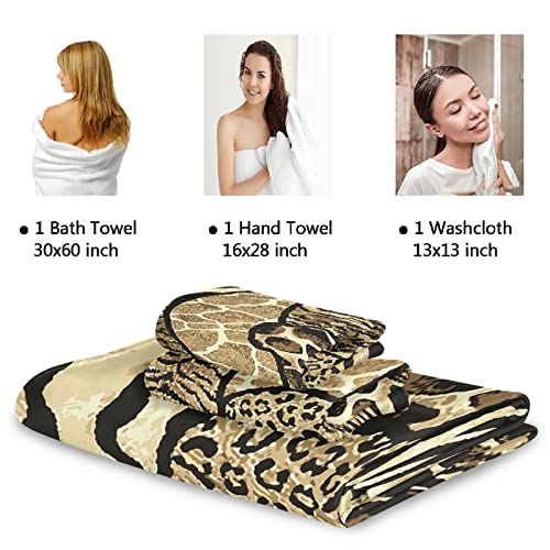Naanle Towel 3 Piece Set Vintage Animal Print Leopard Bath Towels Set For Bathroom Highly Absorbent Cotton, Large Bath Towel+Hand Towel+Washcloth, Pack Of 3 Softness Towels For Decoration #TOP7