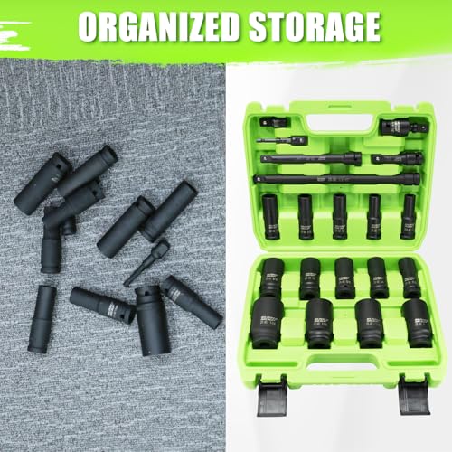 Image of SUNHZMCKP 20 PCS 1 /2 inch Impact Socket Set, Drive Deep 6 Point Socket Set, Including Standard SAE Sockets (3 /8 inch to 1-1 /4 inch), 3 inch, 6 inch, 10 inch Impact Extension Bar and Drill Socket Adapter, Cr-MO