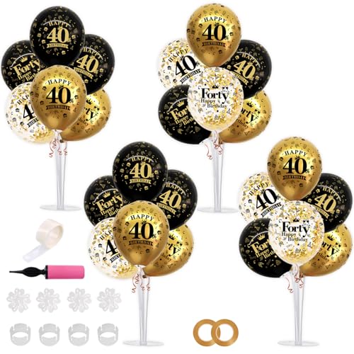Image of TONIFUL 4 Set Black Gold 40 Printed Balloon Stands for 40th Birthday Decor