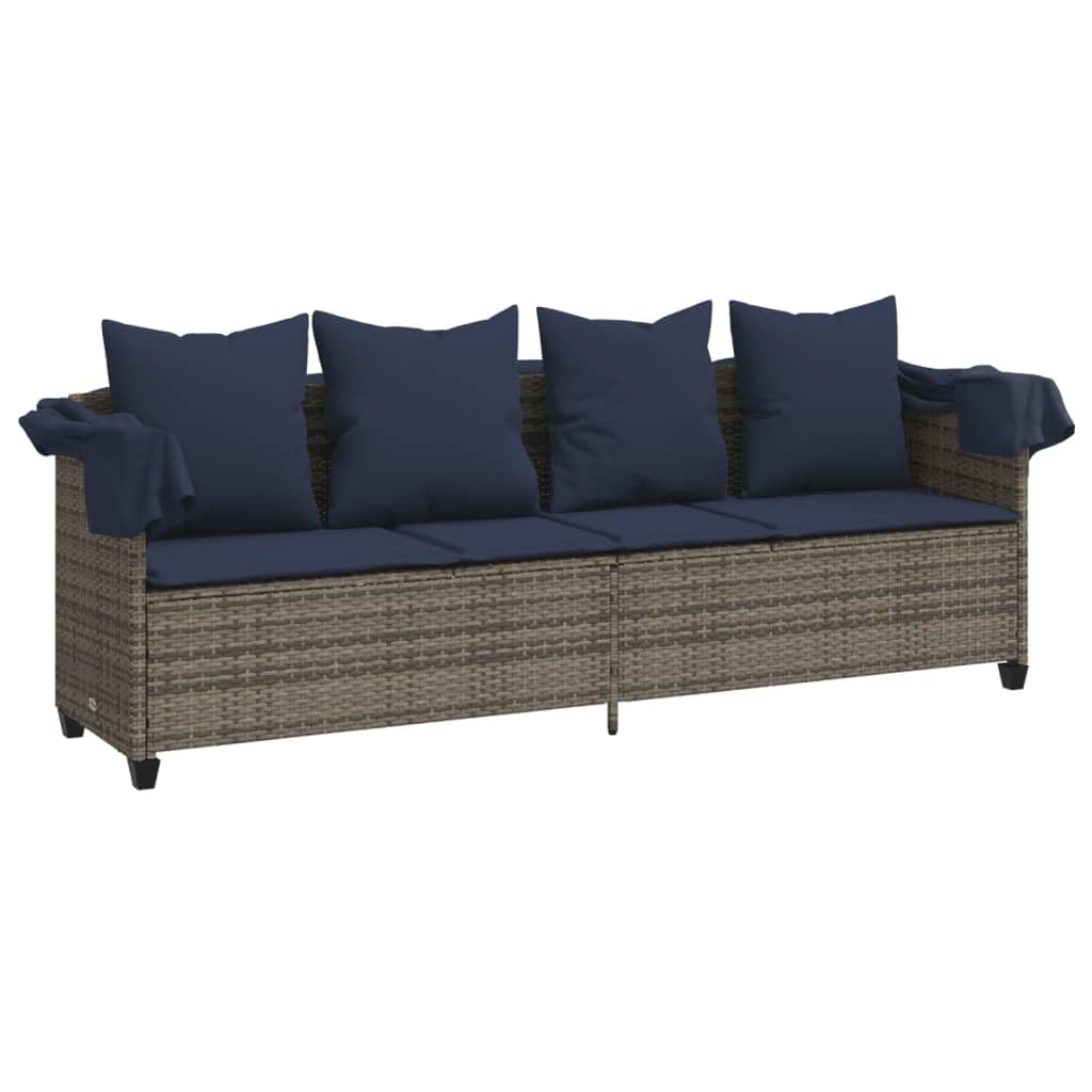 Leżak do opalania z dachem i poduszką z rattanu PE, szary, 204 x 75 x 140 cm, regulowane oparcie, odporny na promieniowanie UV, do ogrodu, na taras, balkon, do wypoczynku wellness