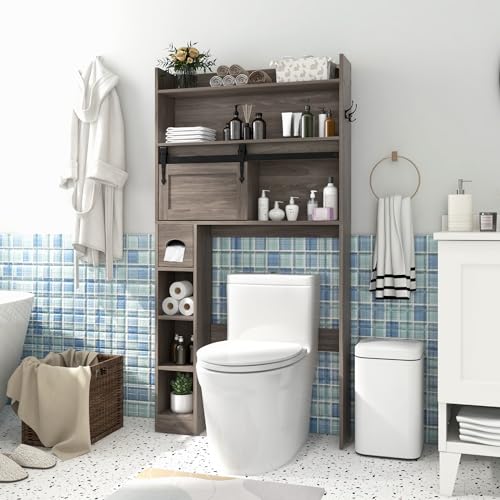 Tangkula Over The Toilet Storage Cabinet, Farmhouse Freestanding Above Toilet Rack w/Sliding Barn Door, Adjustable Shelves, Toilet Paper Holder, 2 Hooks, Bathroom Space Saver (Retro, Grey)