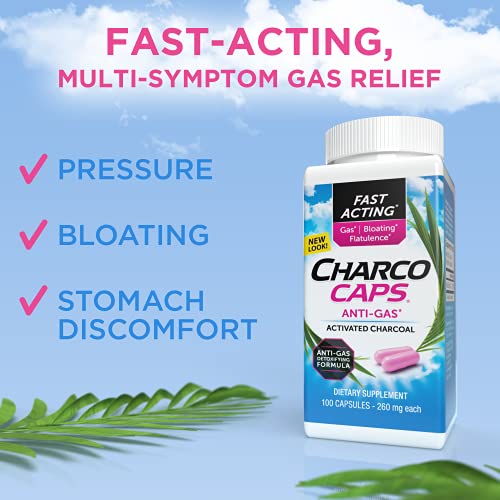 Charcocaps Fast Acting Gas Relief For Bloating & Flatulence, Drug Free Detoxifying Activated Charcoal Formula, 100 Capsules, 30 Day Supply, Pink #TOP2