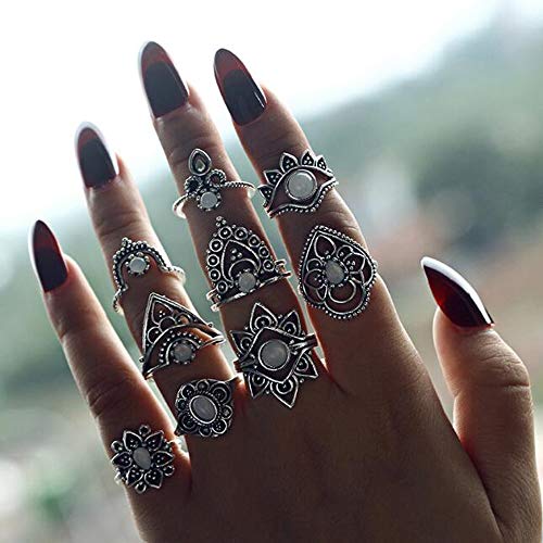 Missgrace Vintage Silver Opal Rhinestones Trendy Boho Simple Knuckle Rings Silver Rings Set Tribal Accessory for Women 9pcs (Style 11)