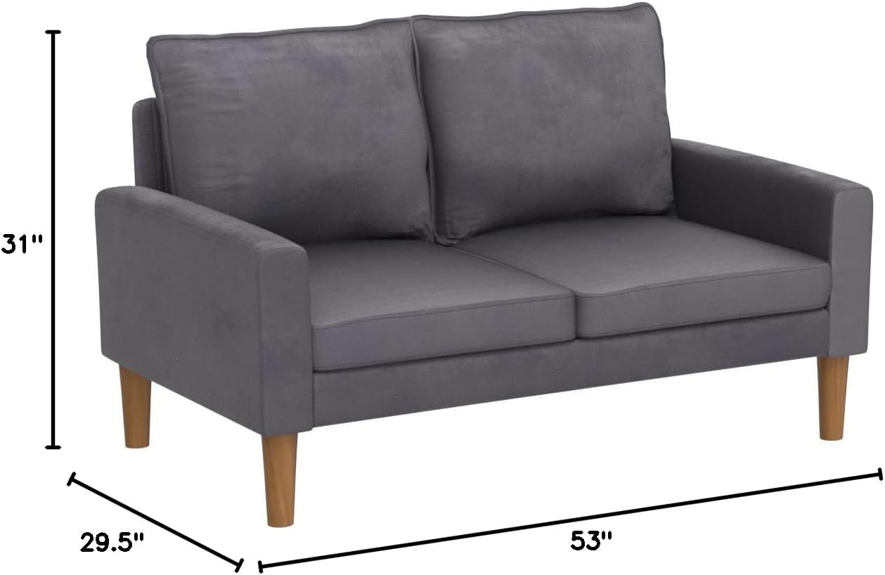 Petit Love Seat Mid Century Modern Velvet Loveseat for Small Spaces, Upholstered 2 Seater Couch for Living Room and Bedroom, Easy Assembly, Fossil Grey