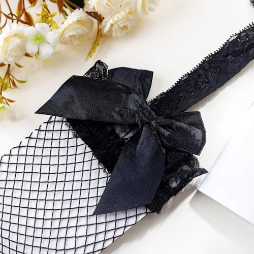 Image of 2 Pairs Bow Fishnet Thigh High Stockings Lace Mesh Tights Cosplay for Women
