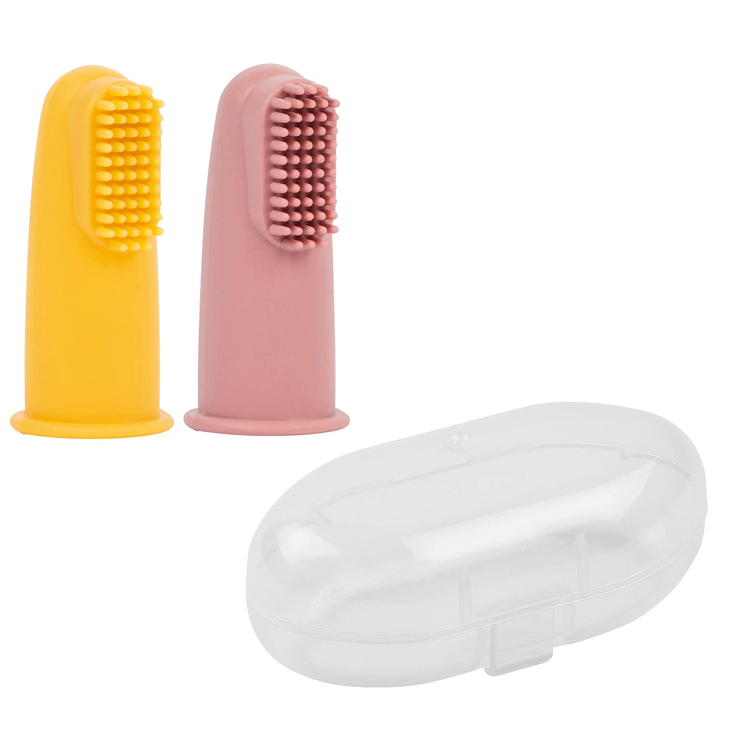 Nattou Silicone Baby Toothbrush, 2x Finger Toothbrush for Babies and Toddlers, 1x protective cover, BPA-free, Silicone, Yellow/Pink