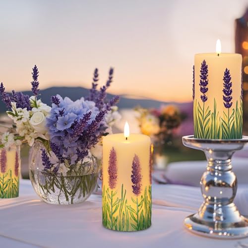 Image of Lavender Flameless Candles Battery Operated with 6 Hour Timer 3D Wick Flickering LED Pillar Candles Real Wax Hand-Painted Dinner Christmas Holiday Decor(2 Pack, 3 inch D x 6.5 inch H)
