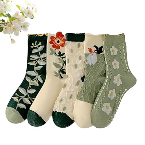 Parisian Bloom Socks, 5 Pairs Vintage Embroidered Floral Socks, Knitting