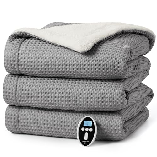 STARBEDIA Heated Blanket Queen Size with Wireless LCD Controller, Machine Washable Waffle Fast Heating Electric Throw Blankets, 6 Heat Levels & 2-10H Time Settings, ETL Certified, Grey, 84