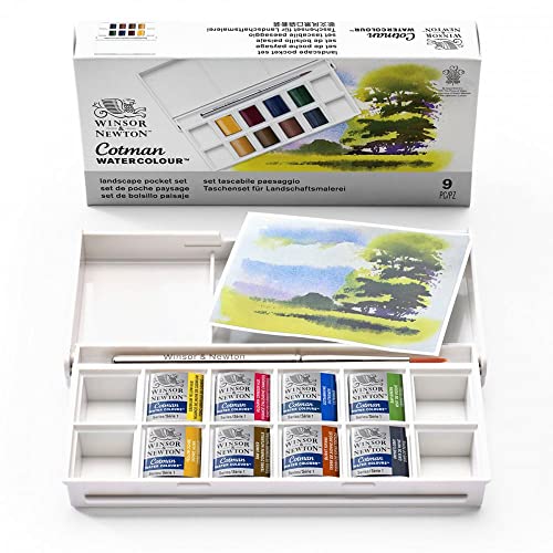 Winsor &Amp; Newton Acuarela Cotman - Set Temático De Bolsillo - Paisaje, 8 Medio Godets + 1 Pincel De Viaje, Colores Surtidos