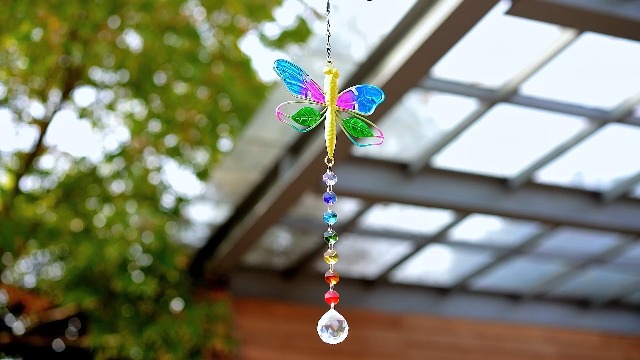 Campanillas De Viento De Libélula Con Discos De Vidrio - Decoración Exterior E Interior, Hierro Y Vidrio, 56 Cm De Largo