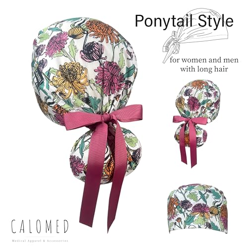 Image of Scrub Cap for Women and Men, Ponytail Scrub Caps, Working Hat, Head Cover with Ribbon Ties and Buttons, Long Hair