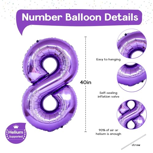 Image of 8th Birthday Number Balloons for Kids, Self Inflating 40 Inch Purple Foil 8 Balllon, Large Number 8 Balloons for Girls 8 Years Old Birthday Party Bridal Shower Anniversary Party Decorations Supplies