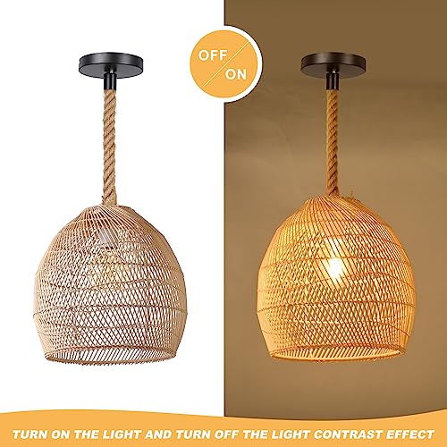 Walmhomie 30CM*30CM 1 Light Rattan Pendant Light Boho Coastal Wicker Chandelier Hemp Rope Hanging Light Fixture For Kitchen Island Bedroom Restaurants thumb #6