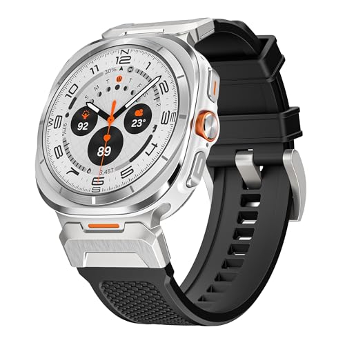 BOVIPO FKM Rubber Band Compatible with Samsung Galaxy Watch 7 Ultra 47mm for Men, Wide Rugged Durable Silicone Strap with Stainless Steel Adapter (Silver-Black) by BOVIPO - Used condition - US$16.64