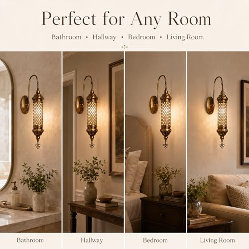 Image of Angora James Turkish Wall Sconce Decorative Light, 23.62 inch Handcrafted Metal & Blown Glass Lamp, Elegant Moroccan Design, Made in Turkey, Unique Wall Lighting Fixture for Indoor
