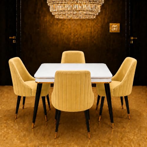 Image of WOODEN SPACE 4 Seater Wooden Dining Table Set | Urban Marble Top Dining Table with Chairs for Dining Room & Kitchen (Modern Infinity Backline Yellow) (42 x 42 x 30 inch)