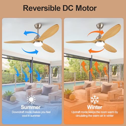 Image of 52 Inch Solid Wood Outdoor Ceiling Fans with Lights and Remote,3 Natural Wood Blades,Dimmable,6 Speed Quiet DC Motor, Indoor Outdoor Ceiling Fan for Patios Bedroom Living Room