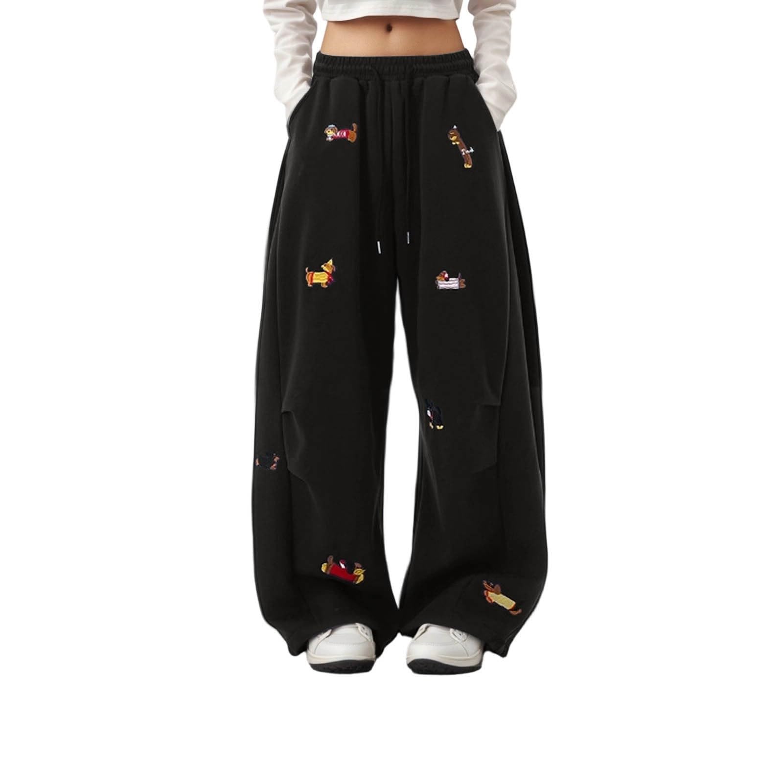 Women's and Men's Cute Dachshund Print Jogging Pants with Elastic Waist and Drawstring, Baggy Casual Sports Pants for Streetwear, Black, 3XL