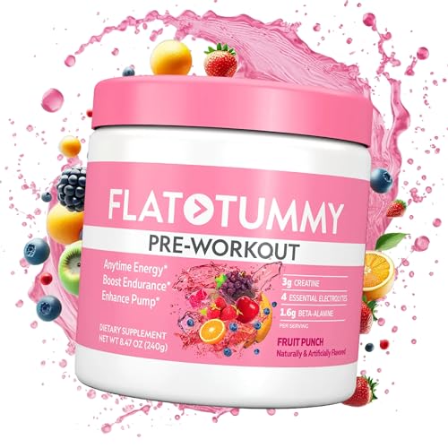Image of Flat Tummy Pre Workout Powder for Women - Energy, Endurance, and Muscle Support with 3g Creatine, 1.6g Beta-Alanine, Electrolytes - Fruit Punch Flavor - 30 Servings