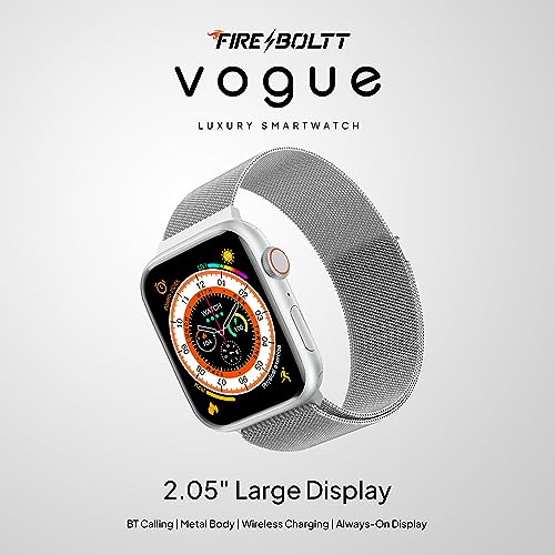 Image of Fire-Boltt Vogue Large 2.05 inch Display Smart Watch, Always On Display, Wireless Charging, App Based GPS with Bluetooth Calling & 500+ Watch Faces (Steel Silver)