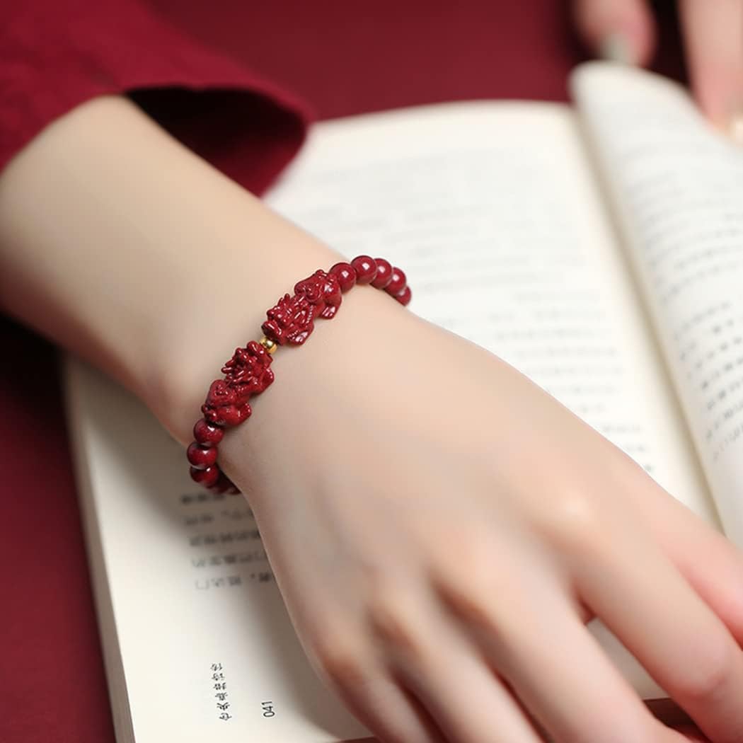Abalorio de riqueza, pulsera Feng Shui, pulsera doble Pixiu, pulsera de piedra de cristal de cinabrio natural, pulsera de dragón Pi Yao, amuleto de buena suerte, pulsera de cuarzo de cristal de Chakra