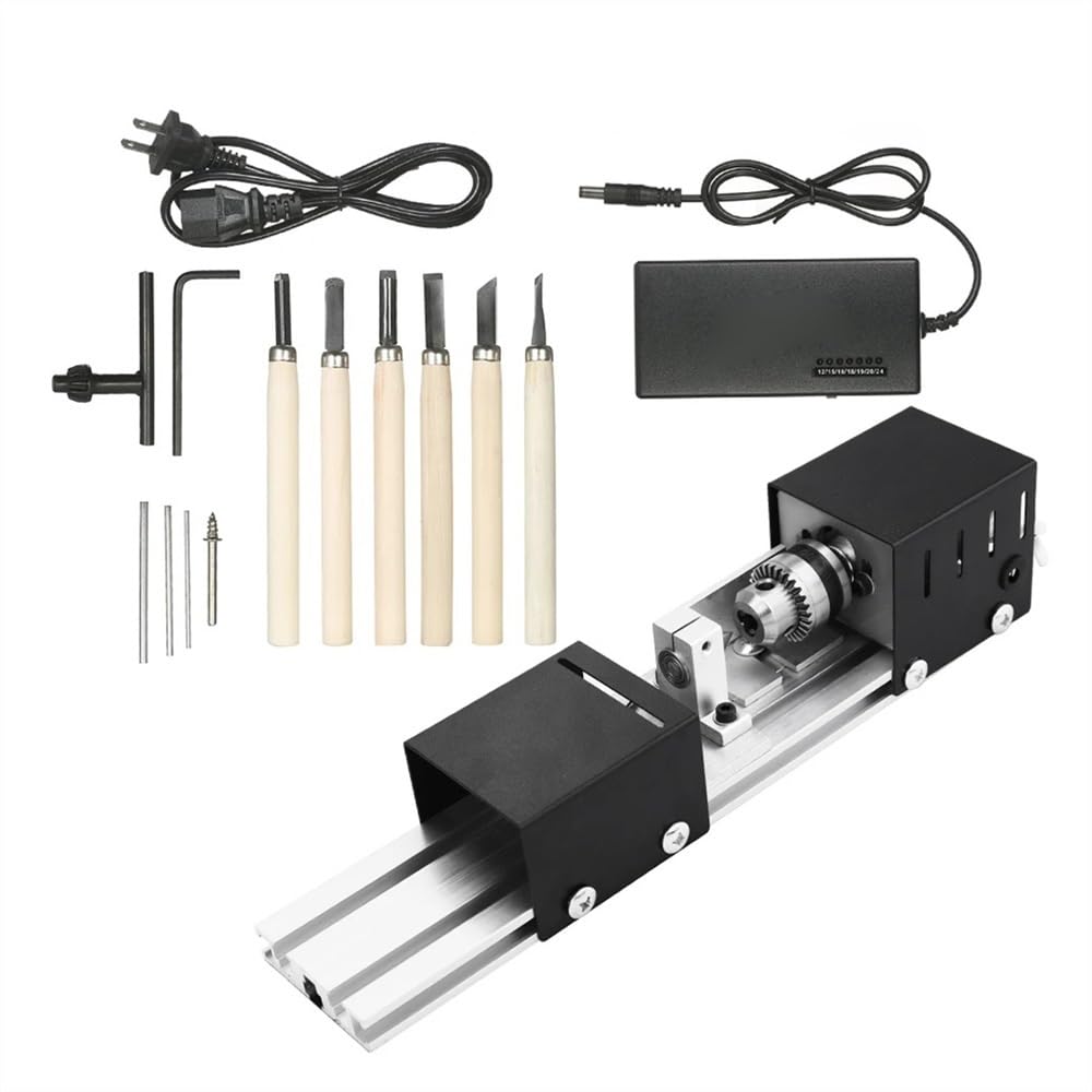 DC 12-24V 96W/100W Mini maszyna do obróbki drewna, tokarka do drewna, standardowy zestaw z mocą rzeźbiarską tokarką do drewna (czarna)
