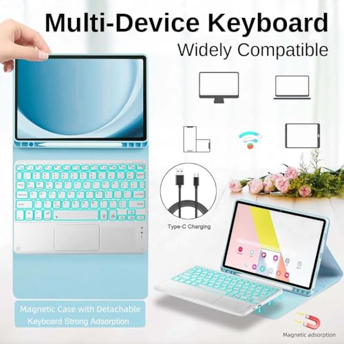 Image of Keyboard Case for Samsung Galaxy Tab A11+ & Tab A9 Plus 11 inch Folio Cover SM-X230, SM-X236B, SM-X210, SM-X215 with Trackpad, 7 Color Backlit Magnetically Detachable Bluetooth Keyboard, Multi-Angle View