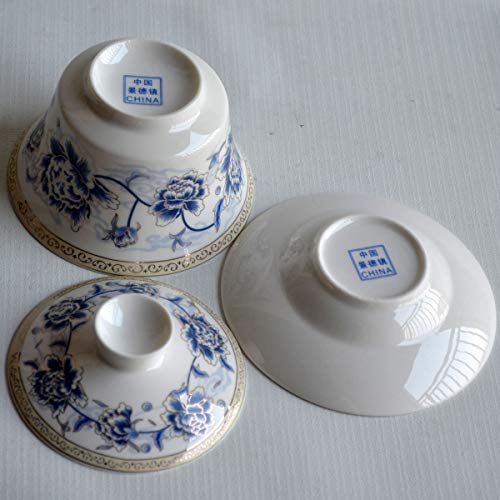 Image of Liang baobao Traditional Gaiwan Tea Set with Lid and Saucer Handmade Ceramic Tea Cup Porcelain Teacups (200ml Blue silk peony)