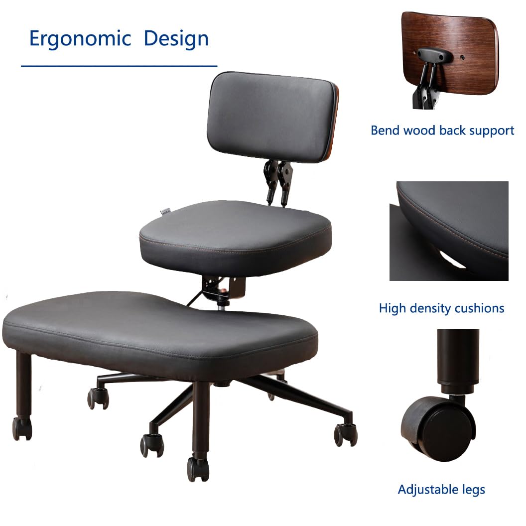 Chaise genoux ergonomique avec dossier, tabouret réglable pour une meilleure posture, assise rembourrée avec roulettes, noire