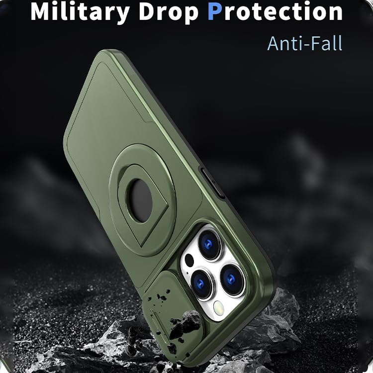 Image of LuxuryKase MagSafe Shockproof Rugged Back Case for iPhone 15 Pro | Finger Ring Kickstand & Sliding Camera Cover | Military Drop Protection | Wireless Charging Support - Green